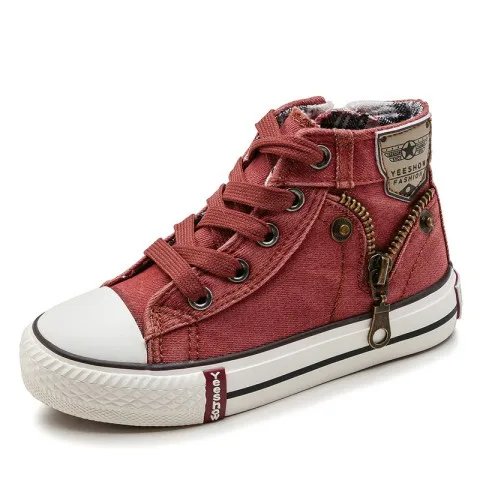 Спортивная обувь для детей 3-12 лет, парусиновая обувь высокого качества для маленьких мальчиков и девочек, высокие кроссовки на молнии, повседневная обувь - Цвет: Красный
