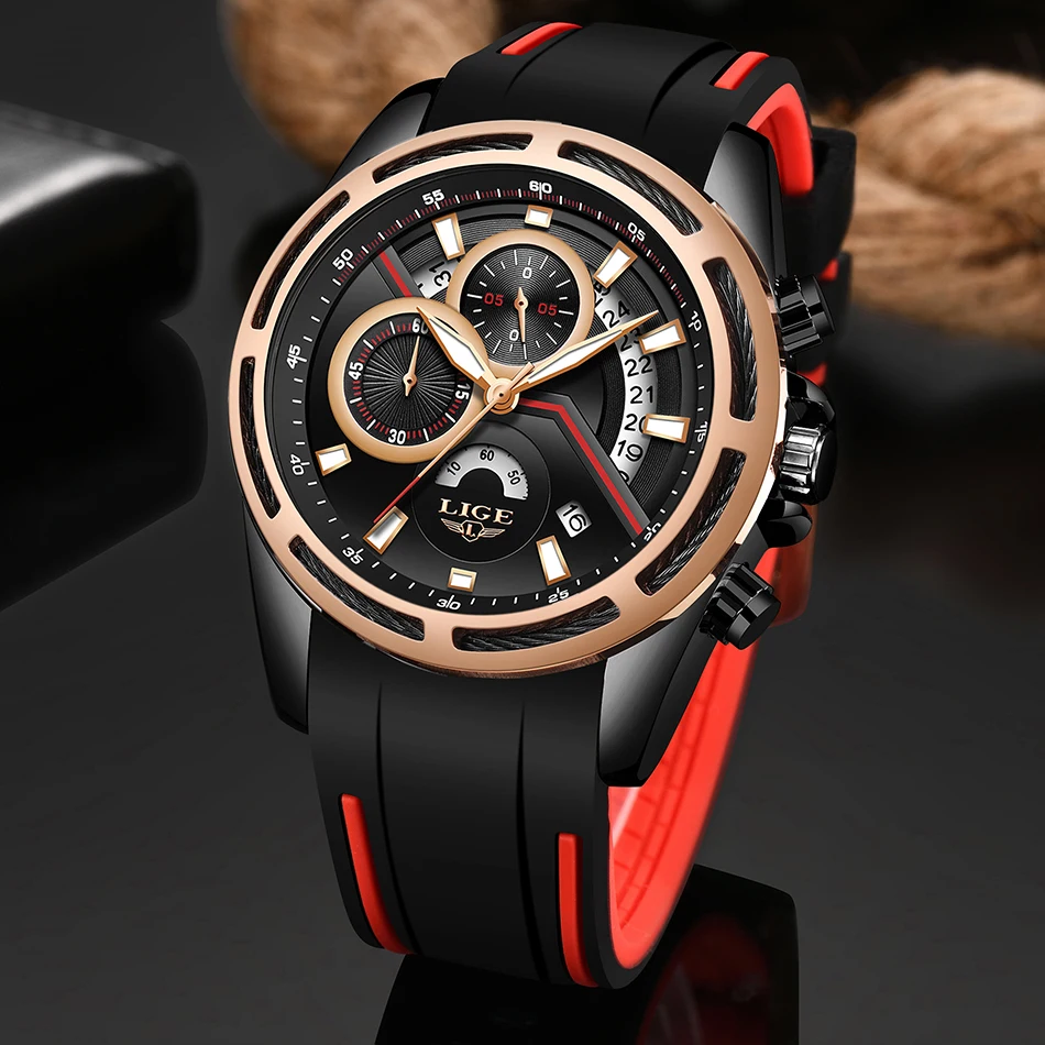 Relogio Masculino LIGE мужские часы с силиконовым ремешком Топ бренд класса люкс водонепроницаемые спортивные часы с хронографом золотые кварцевые наручные часы+ коробка