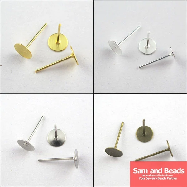 

Free Shipping 400pcs/pack 4x12mm Earring Finding Flat Round Blank Peg&Post Ear Studs head earring Gold,Silver,Bronze,Dull Silver