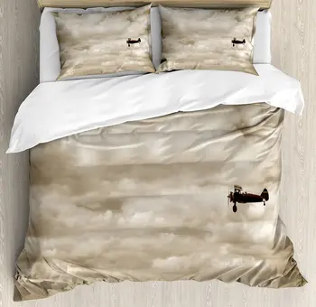 

Vintage Airplane Decor Duvet Cover Set Dramatic Cloudy Sky Aviation Flyby Military Obsolete Decorative 4 Piece Bedding Set