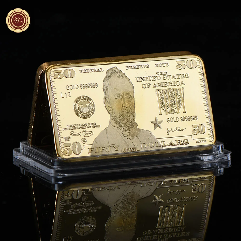 WR 2 доллара 24 к американские Золотые банкноты поддельные бар качество 999,9 США 2 доллара бумажные деньги золотые слитки металлические поделки для коллекции - Цвет: USD 50 gold bar