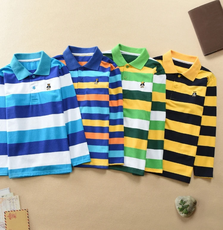 High quality 4-12 years old boy polo shirt long sleeve shirt lapel round neck striped solid color cotton T-shirt