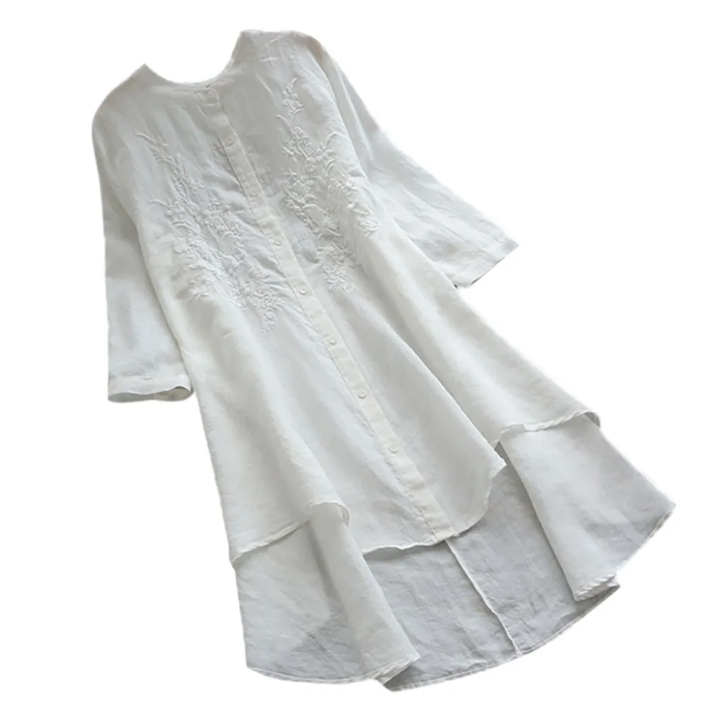 Женская блузка размера плюс, винтажные рубашки с вышивкой, летние повседневные льняные топы на пуговицах с длинным рукавом, длинные блузки Blusas Mujer BB4
