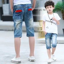 Лидер продаж для маленьких мальчиков рваные джинсы Шорты Брюки для возраста 3 4 5 6 7 8 От 9 до 13 лет дети по колено голубой цвет деним летняя одежда