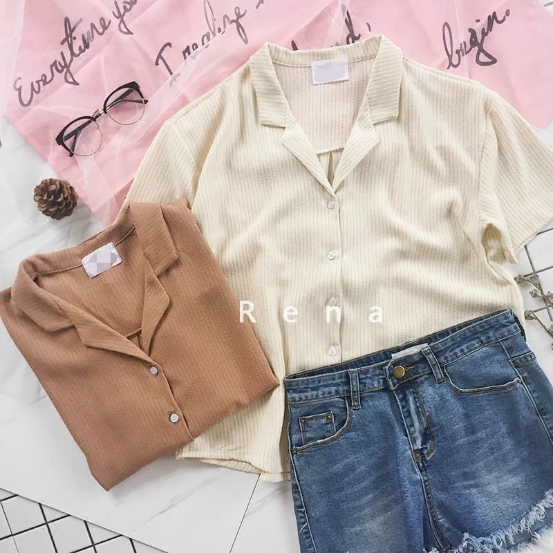 Vente Femmes d été V Cou Chemises À Manches Courtes de Remise En Forme Beige Top Rayures Chemises Lâche Kaki Blanc Outwear