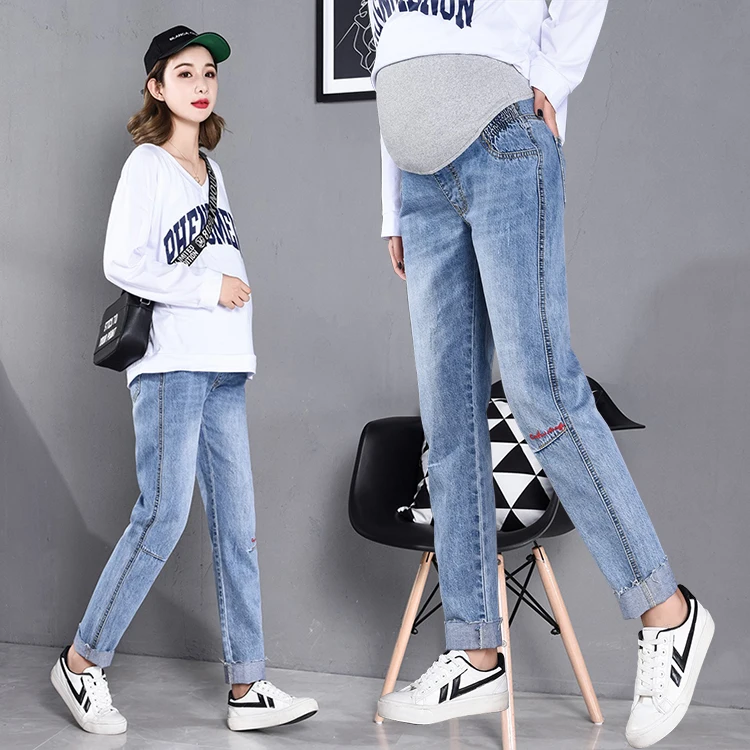 829 No Stretch Washed Denim Maternity Straight Jeans 2018 Autumn