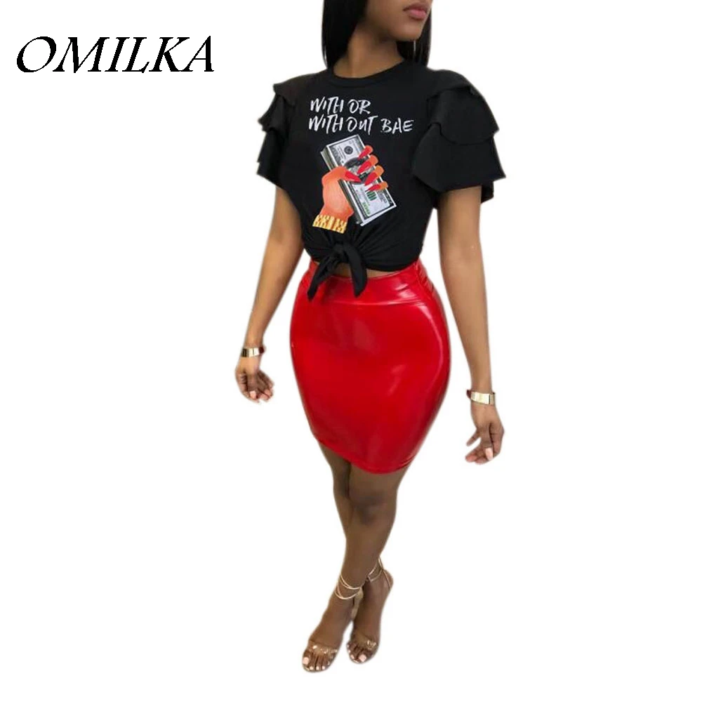 

OMILKA 2018 Summer Women Short Sleeve O Neck Letter Printed Ruffle Crop Tops Tees Casual Black Green Rose Blue Cartoon T Shirts