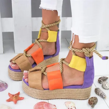 

2020 women sandals lace up platform shoes mixed color lace up wedges casual Hemp rope gladiator sandals ladies shoes