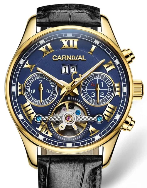 Carnival Tourbillon автоматические часы для мужчин Роскошные Золотые механические часы сапфировое стекло 30 м водонепроницаемые мужские часы reloj hombre - Цвет: leather blue