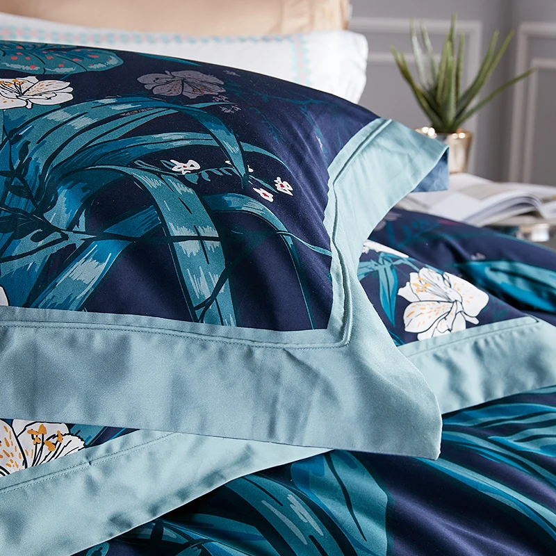 High Density 100S Bedding Sets Navy Blue Plant 3D Flower Printed 4pcs Bed Linen Set Cotton Double Bedsheet Set Queen King Size