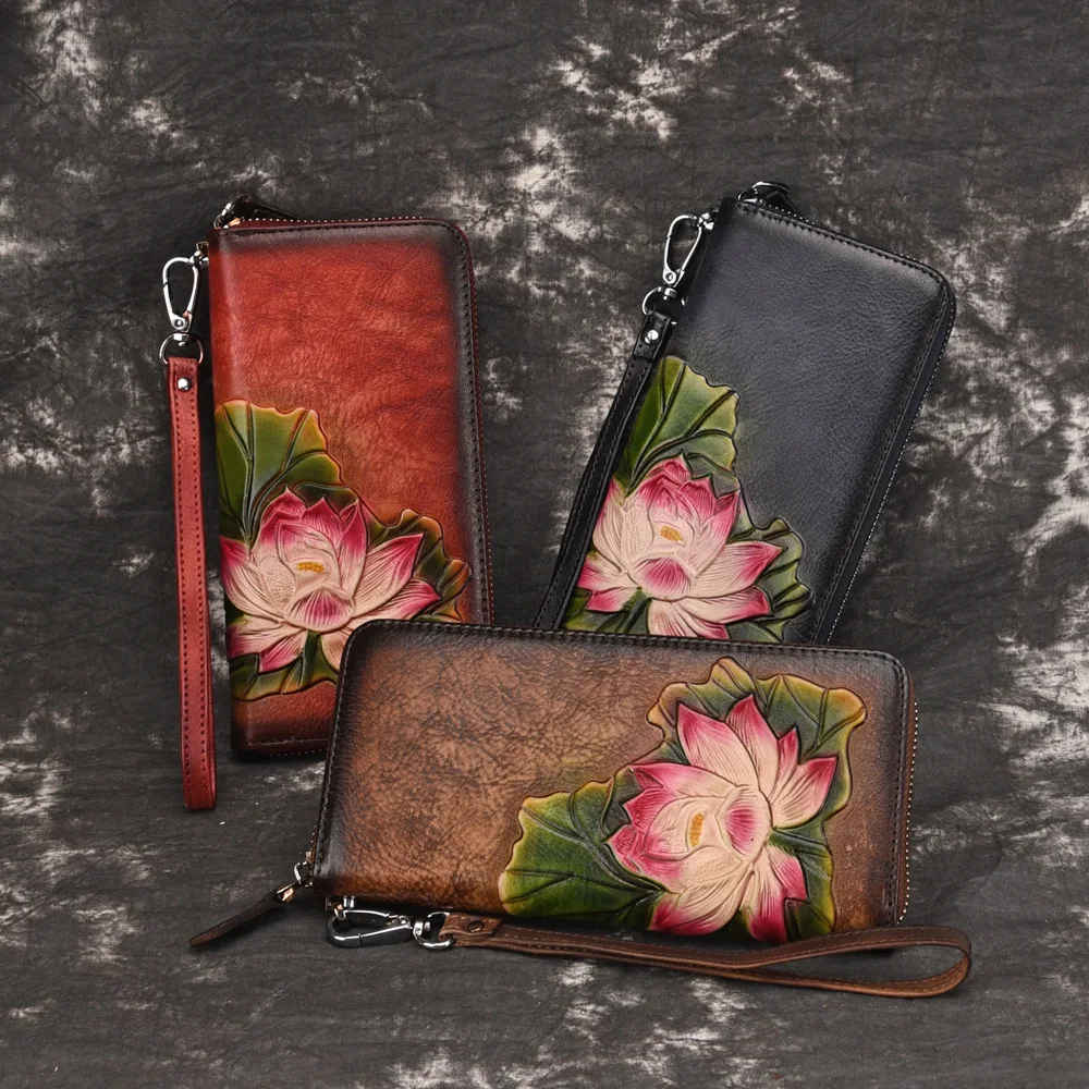 Fashion Flower Women Wallets Genuine Leather Long Lady Coin Purse