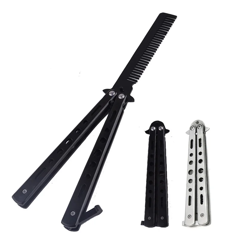 2Pcs Sliver Black Custom Metal Pocket Comb Butterfly Knife Practice