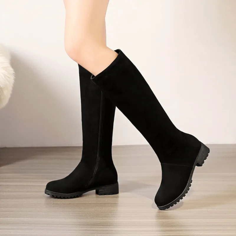 Модные женские сапоги на молнии с круглым носком размера плюс 34-48 простые сапоги до колена на низком каблуке теплая зимняя обувь на молнии женские высокие сапоги
