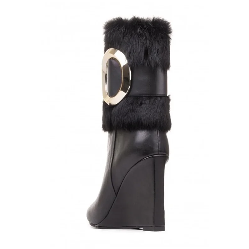 Hardware Pelz 2018 Mode Schwarzes Warm Spitze Plüsch Gold Fsj Schwarz Partei Dicken Winter Botines Schuhe Stiefeletten Metall Mujer Zehen Keile Pwx4dgCq