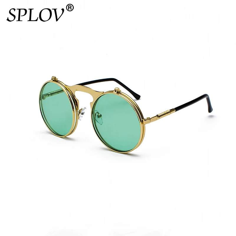 SPLOV, Ретро стиль, стимпанк, флип, солнцезащитные очки, Ретро стиль, круглая металлическая оправа, солнцезащитные очки для мужчин и женщин, фирменный дизайн, круглые очки Oculos - Цвет линз: C9GoldGreen