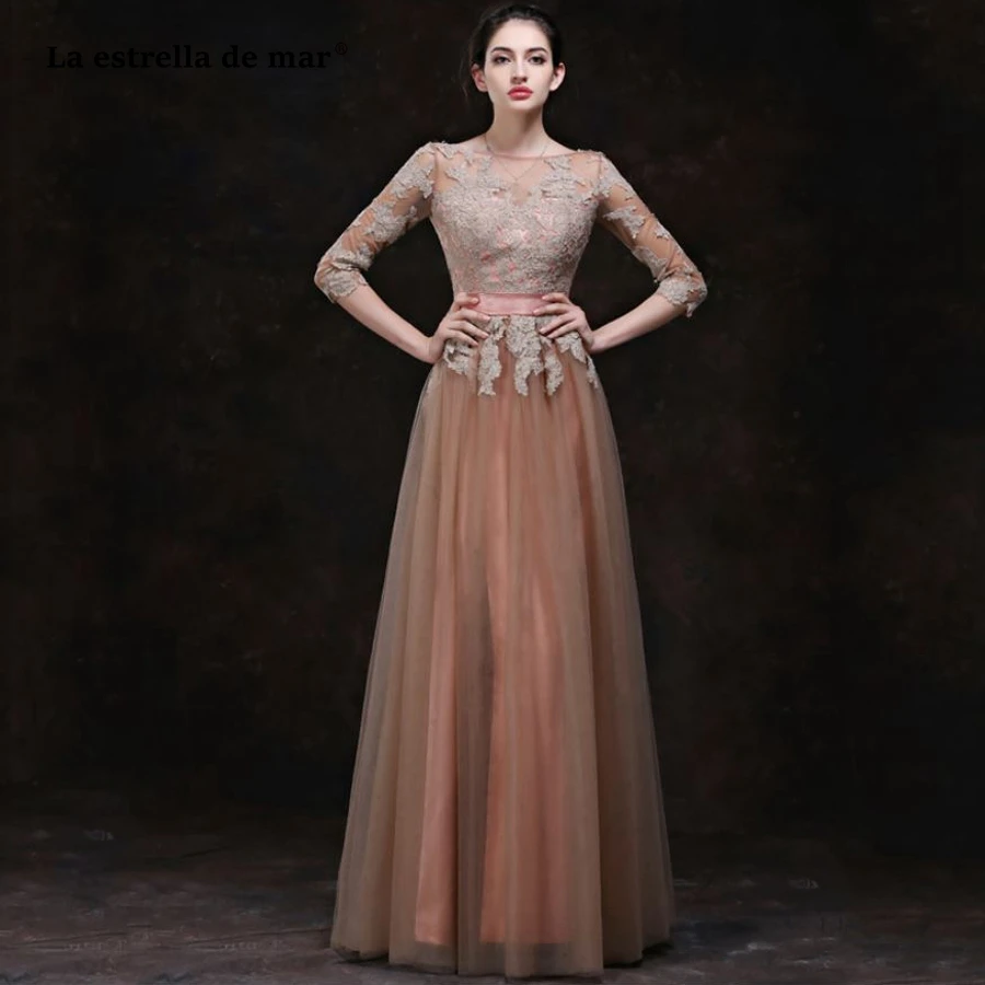 

Wedding dress guest2021 new new Scoop lace 3/4 sleeve A Line champagne braidmaid dresses long gaun pesta dewasa