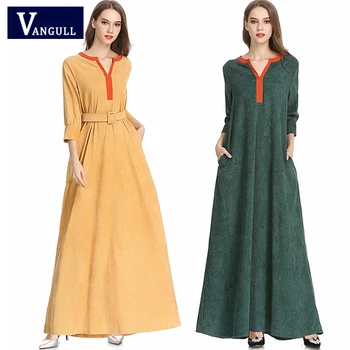 

Europe & America new Autumn Women's Clothing solid color Vintage Female dress Sashes V-Neck Straight Three Quarter Dresses