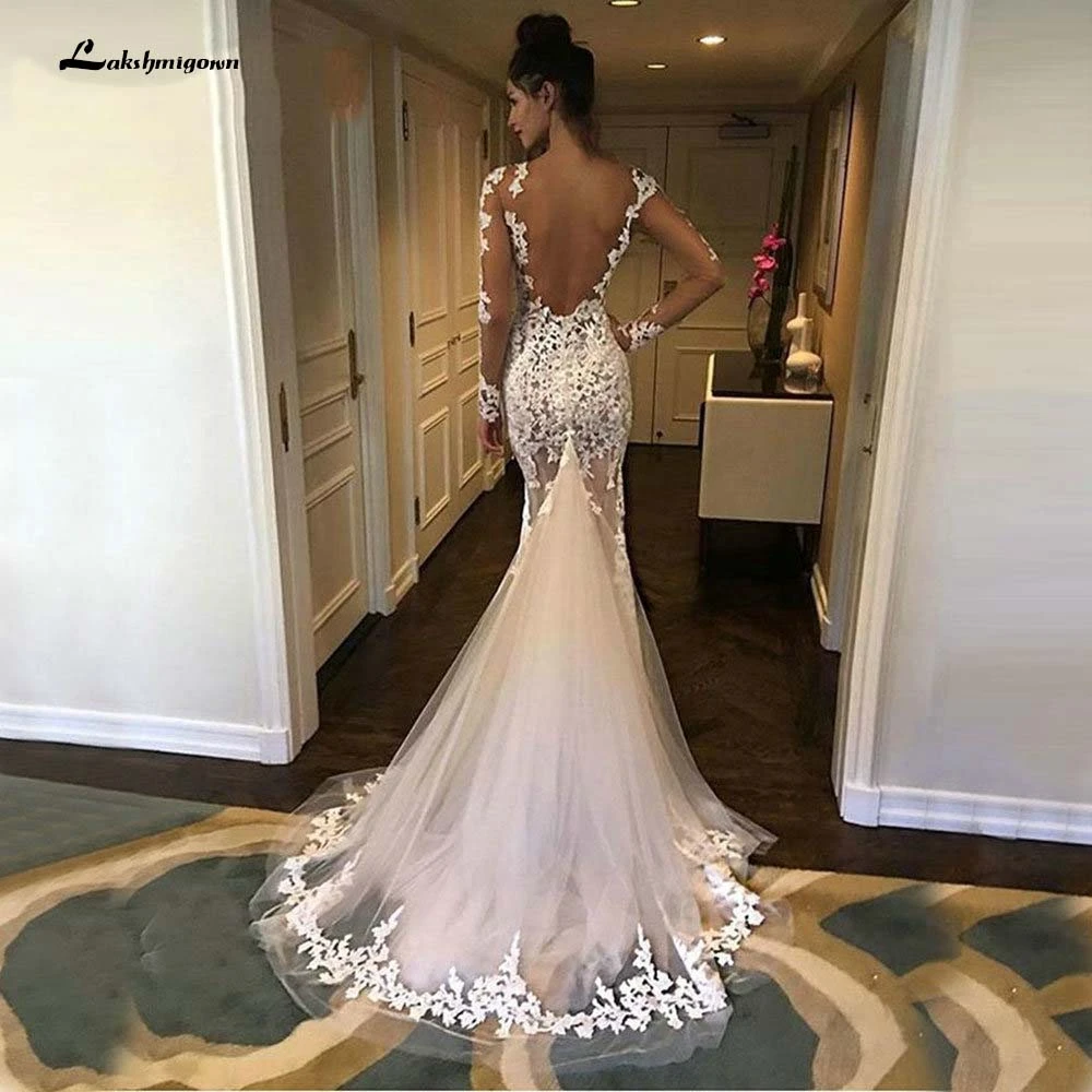 De encaje De manga larga para novia, traje novia De sirena, cola corte, color blanco|Vestidos de novia| - AliExpress