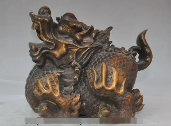 

S5253 11" old china fengshui bronze wealth money coin Kirin Unicorn Kylin beast statue
