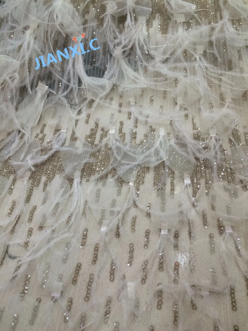 Вышитая ткань шнурка и головной повязкой с пером JIANXI.C-120908 Лидер продаж блестками, африканская тюль, кружевная ткань для вечерние платья