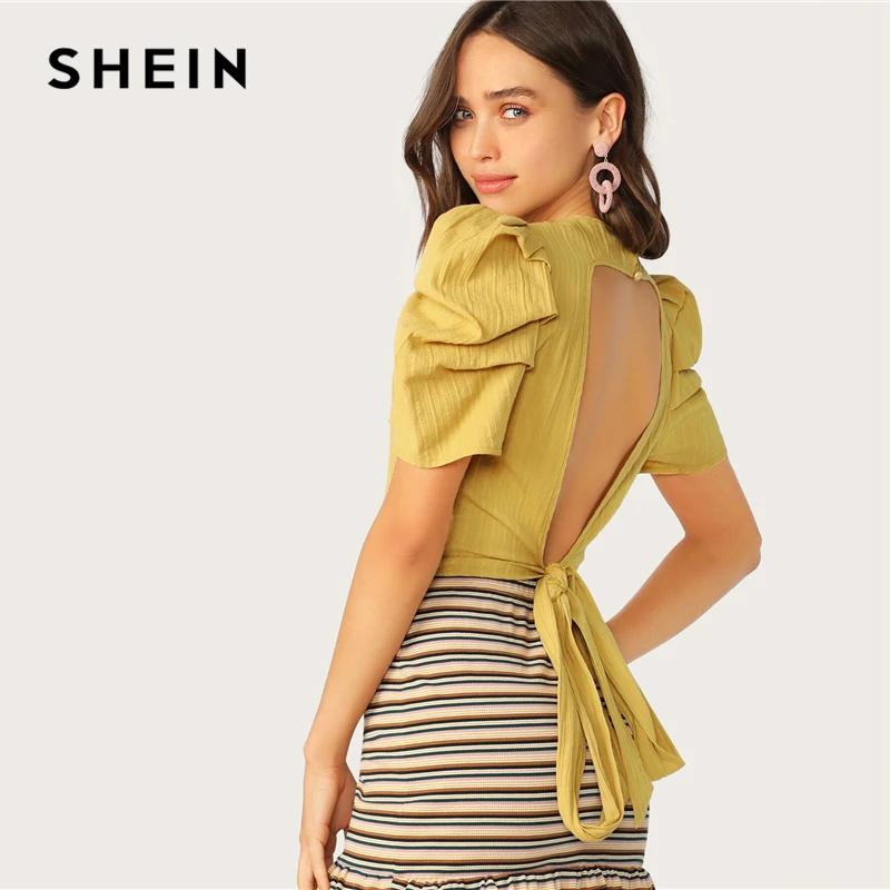 

SHEIN Gathered Sleeve Tied Open Back Textured Top Ginger Solid Sexy Short Sleeve Button Slim Fit Women Tops and Blouses