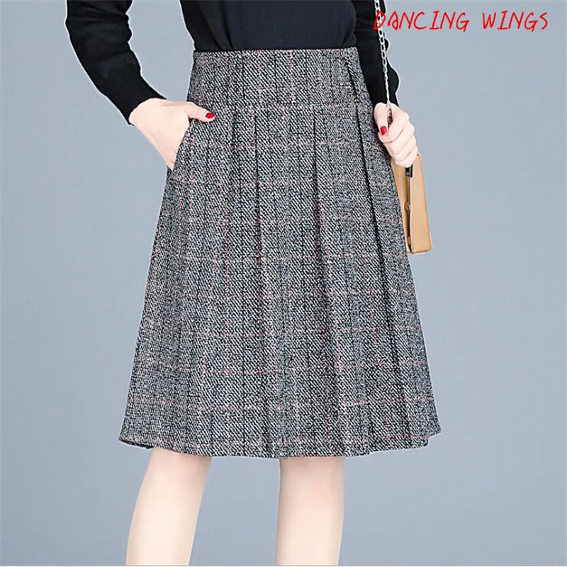Осенние плиссированные трапециевидные юбки с высокой талией для женщин в Корейском стиле, шерстяные клетчатые Юбки До Колена Для Женщин
