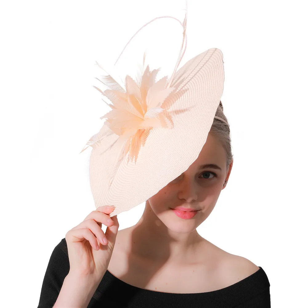 

Imitation Straw Big Derby Women Fascinator Hats Hair Clip Feather Flower Hair Clip Party Tea Headpiece With Headband Elegant