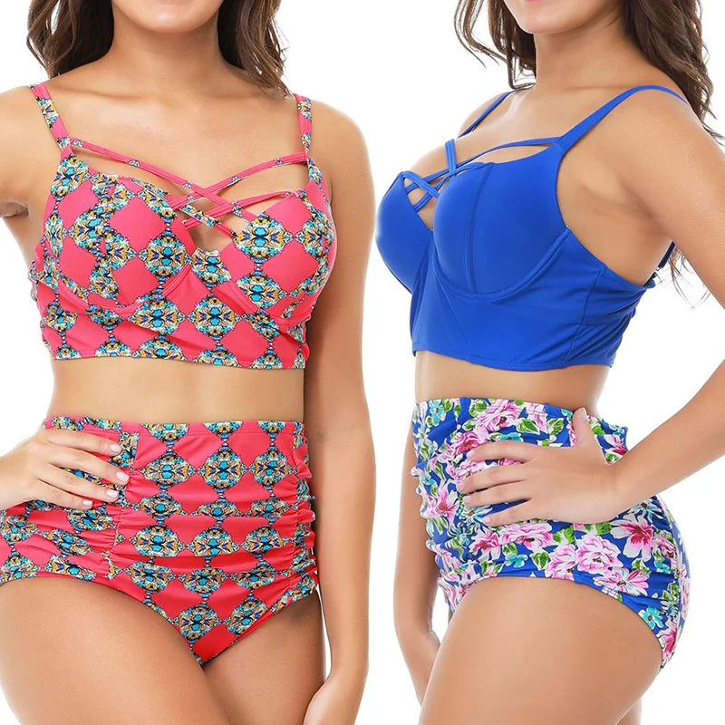 

New 2019 High Waist Printed Ruffle Patchwork Wire Rod Plus Size Push Up Two Piece Swimsuit Swimwear Women Bathing Suit Maillot