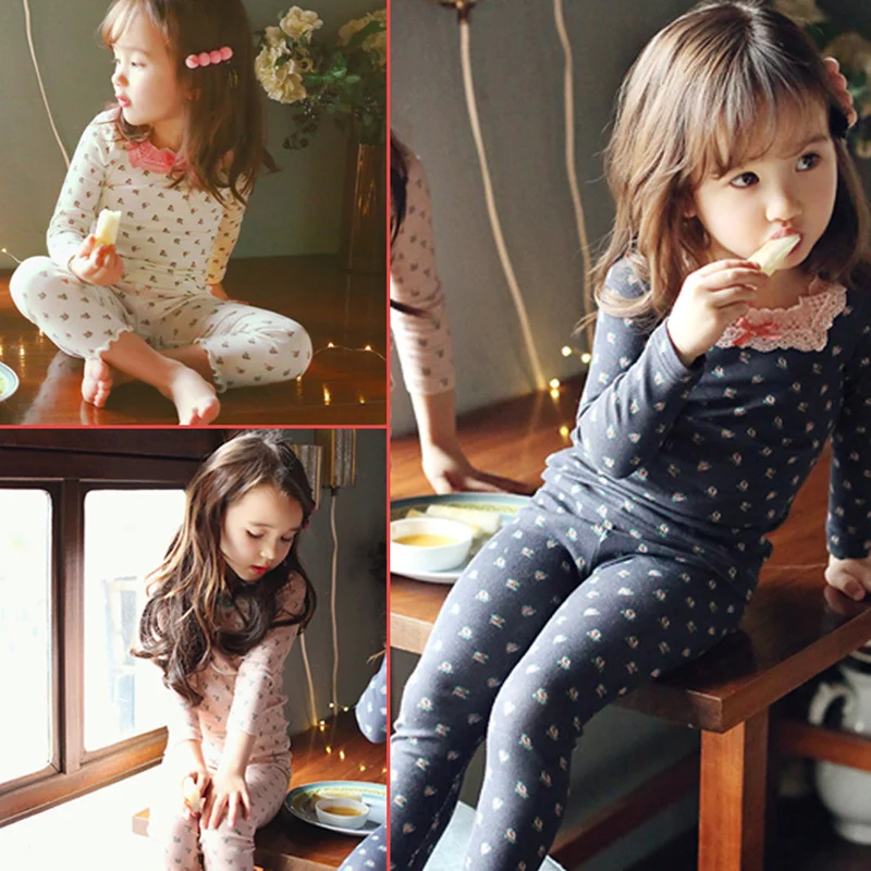 

Kids Autumn long sleeve cotton pajamas Girls lace edge collar sleepwear Princess elegant homewear