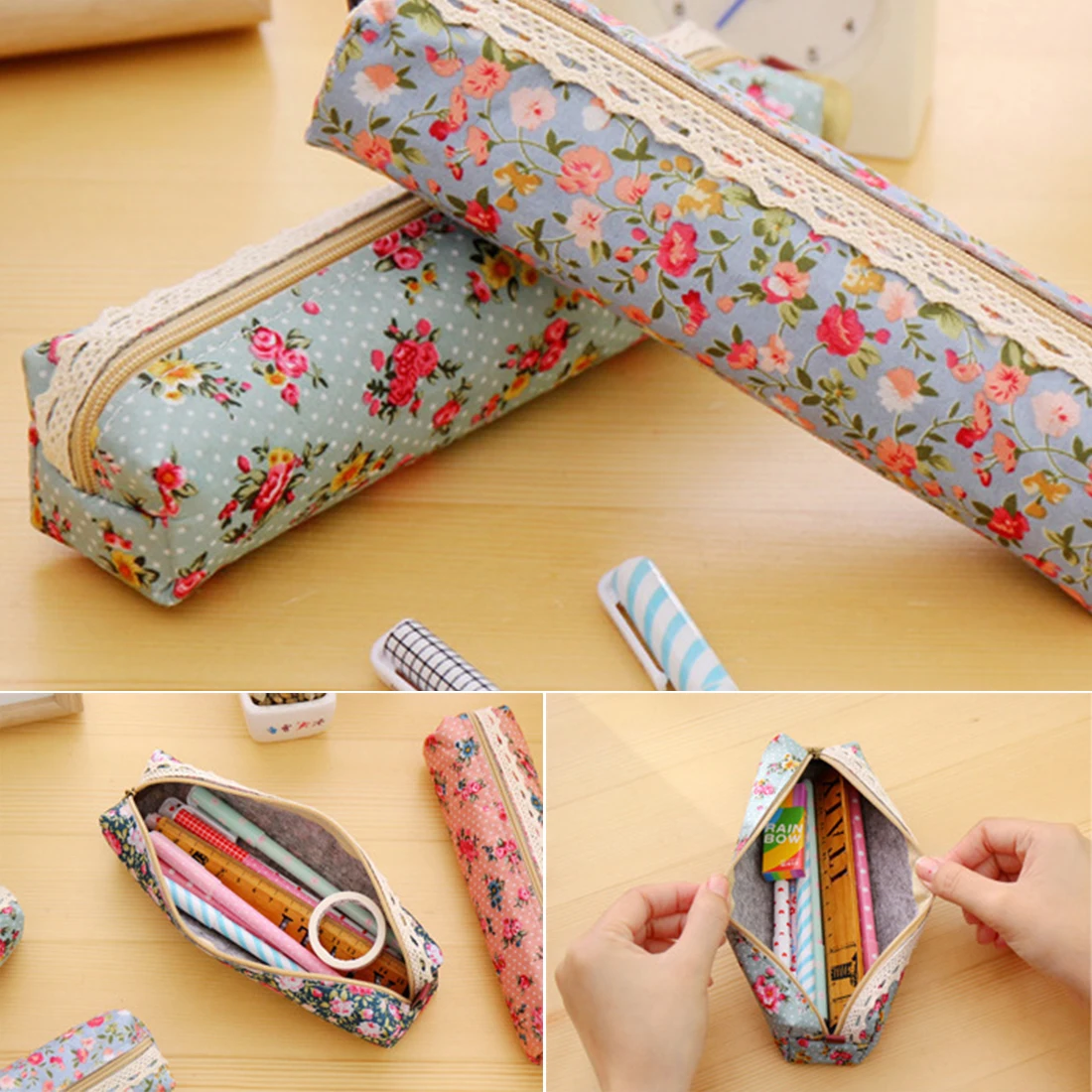 

FangNymph Cute Canvas Zipper Pencil Cases Kawaii Floral Flower Pencil Bag Lovely Fabric Flower Pen Bags School Office Supplies