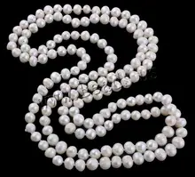 100% Natural de Agua Dulce Verdadera Perla 2-línea Blanca 129 cm de Joyería de Moda Collar Suéter Largo Collar de Perlas Nupcial de La Boda de Regalo