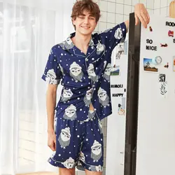 PS0350 2019 новые пижамы Для мужчин летние шорты рукавом шорты 2 шт. пижамный комплект мужской атласное шелковое ночное белье пижамы одежда для