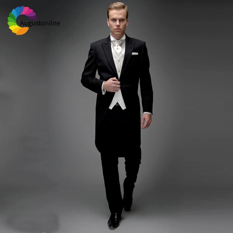 Black Italian Tailcoat Men Suits Formal Wedding Tuxedos Groom Wear Slim Fit 3Pieces (Jacket+Pants+Vest) Groomsmen Costume Homme