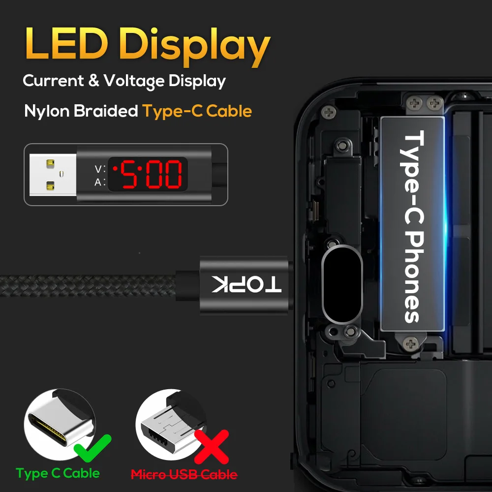 TOPK D-Line1 3A(Max) USB Type C Cable, QC 3.0 Fast Charging Voltage and Current Display Nylon Braided USB C Data Sync Cable