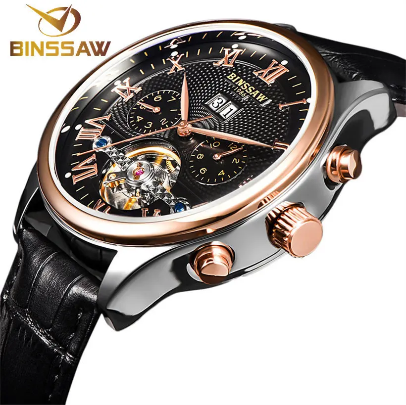 

HOT !BINSSAW brand luxury Mens watches Automatic mechanical watch tourbillon clock leather Casual business wristwatch relojes