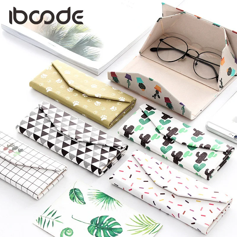 

iboode PU Glasses Case Folding Sunglasses Box Foldable Cute Portable Striped Fresh Print Student Triangular Eyeglasses Accessory
