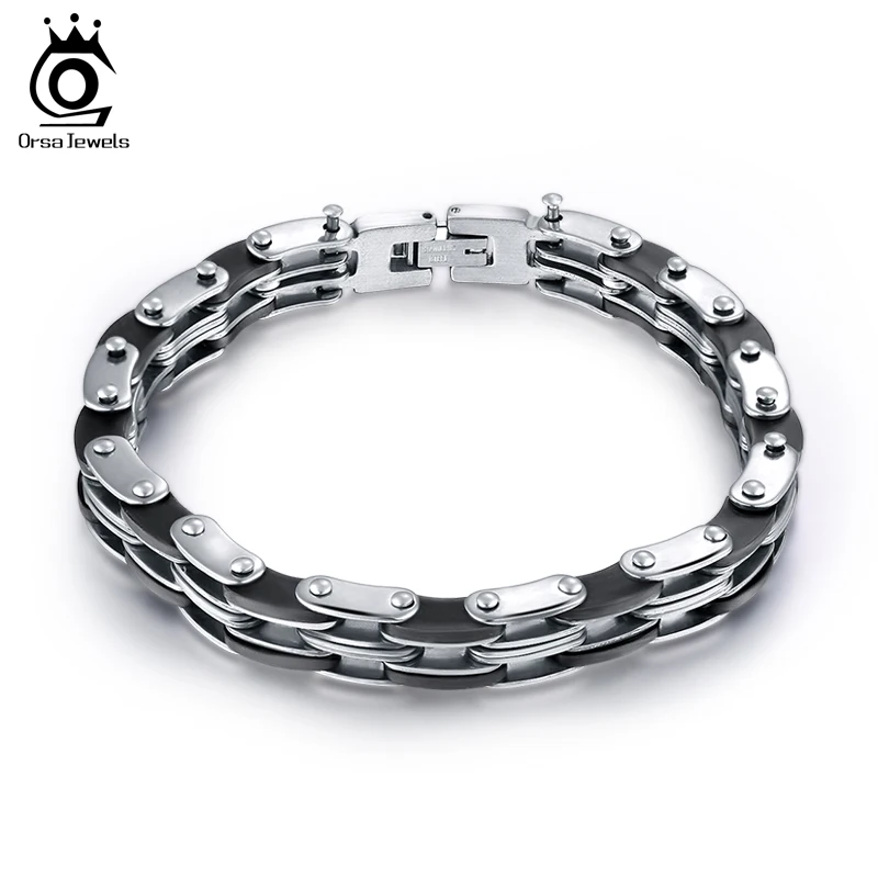 

ORSA JEWELS Top Quality Black Silicone Stainless Steel Link Chain Connected Men's Bracelet&Bangle Trendy Jewelry Wholesale GTB18