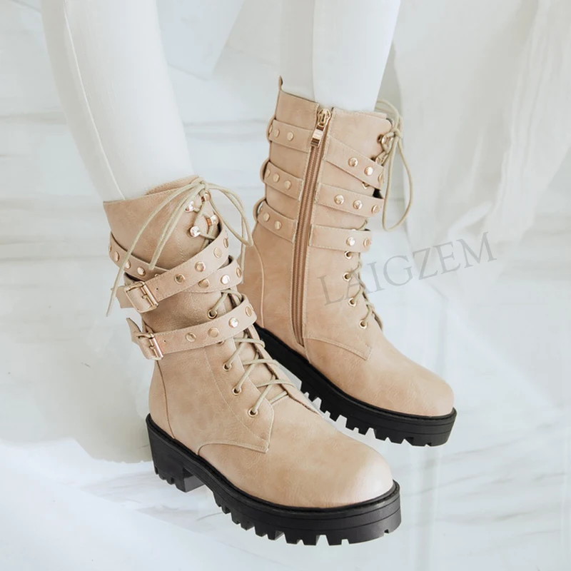 LAIGZEM Women Ankle Boots Mid Chunky Heels Combat Cow Girl Boots Punk Studs Boots Shoes Woman Botines Mujer Small Big Size 32-43 (3)