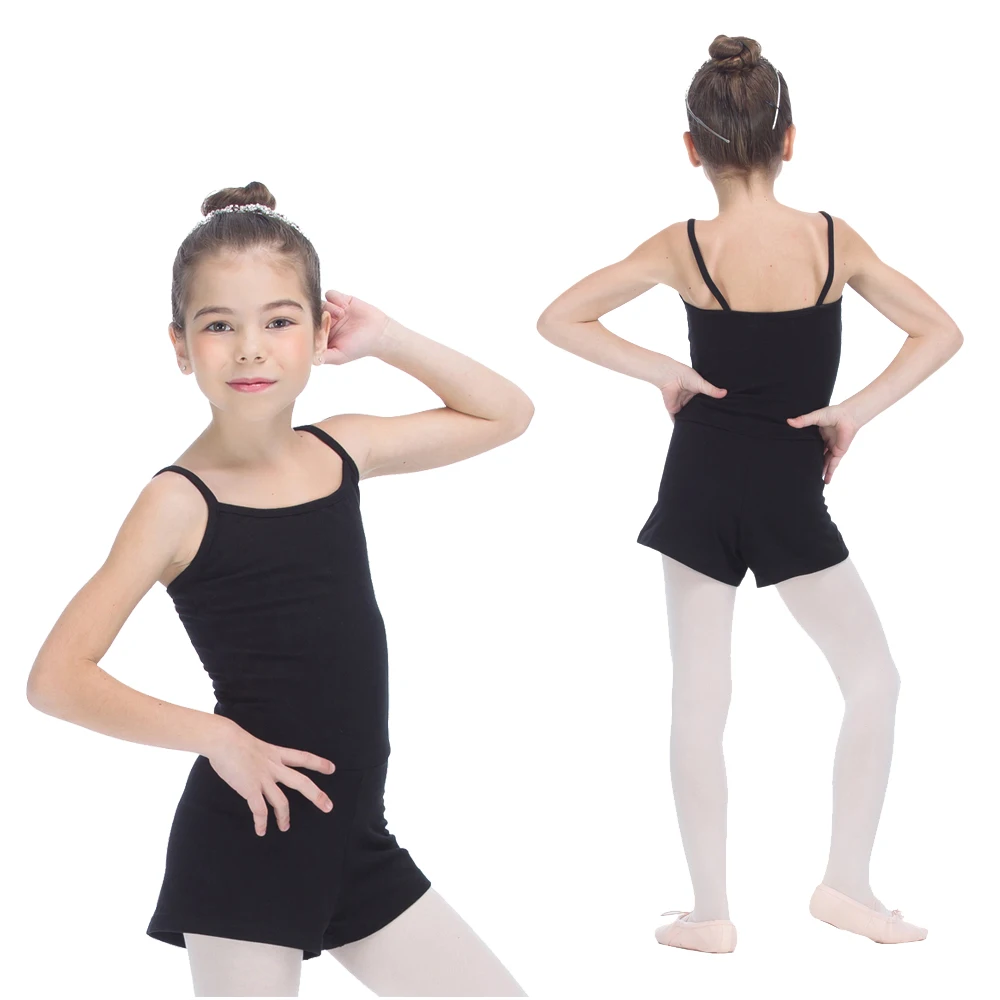 

Girls Black Leotard with Shorts Gymnastics Cotton/Lycra Camisole Shorty Unitards Kids Training Bodysuit