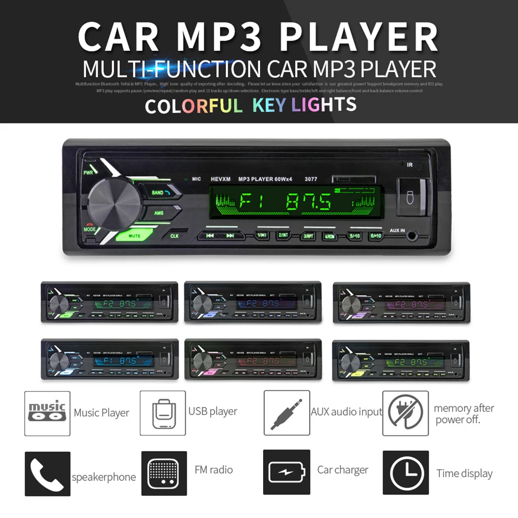 Транспортное Bluetooth съемный Панель Универсальный Автомобильный MP3-плеер красочные Дисплей Авто Радио стерео аудио плеер громкой связи FM Aux