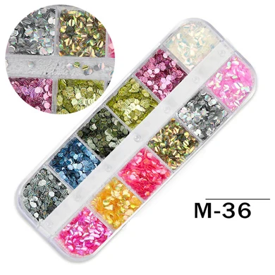 M-36 1 коробка, 12 цветов, блестки для лазерного маникюра, жемчужная оболочка для дизайна ногтей, блестящий Гель-лак, неправильный маникюр, сделай сам, украшение для ногтей - Цвет: M-36