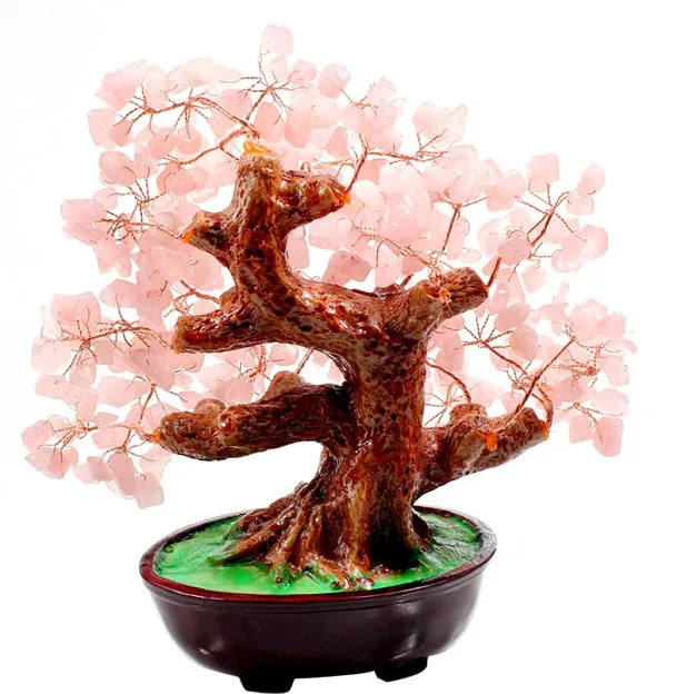 Feng Shui Natural Rose Quartz Crystal Money Tree Bonsai Style Decoration For Wealth And Luck V1051