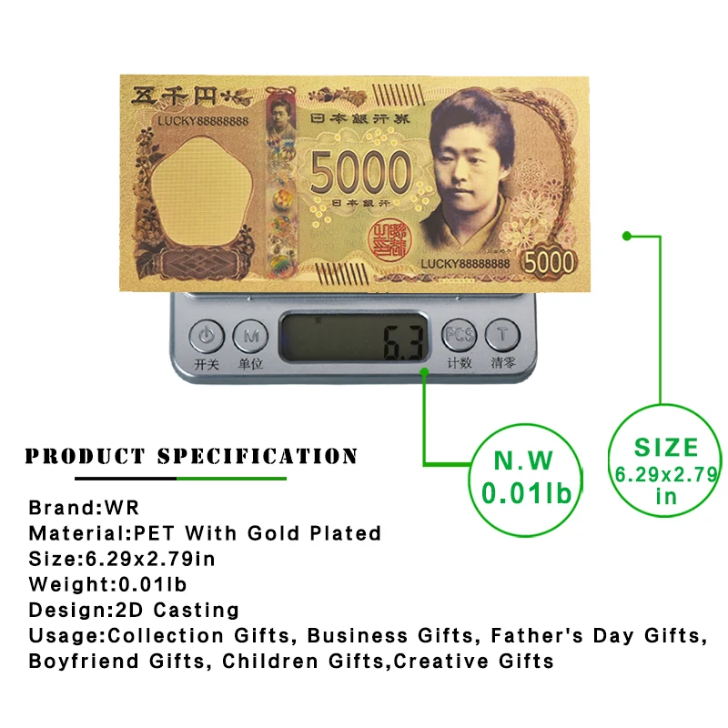 WR японские Новые Красочные Позолоченные банкноты коллекционные поддельные бумажные деньги с COA для бизнес сувенир подарки