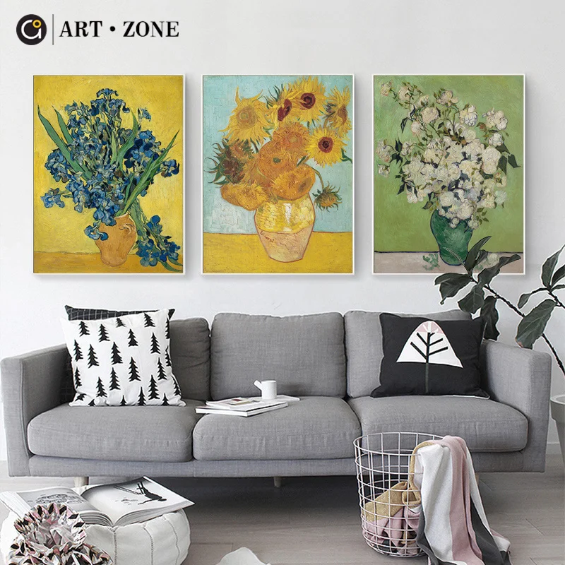 

ART ZONE Vincent Van Gogh Retro Oil Painting Europe Wall Art Poster Vase Flower Arrangement Art Canvas Painting Home Decor