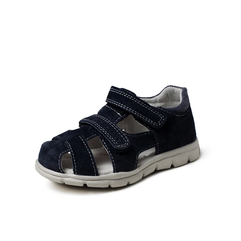 Jackmiller/Детские кожаные сандалии с закрытым носком для мальчиков; Повседневная пляжная обувь на плоской подошве; детские летние сандалии; цвет серый, темно-синий; размеры 24-29 - Цвет: Blue