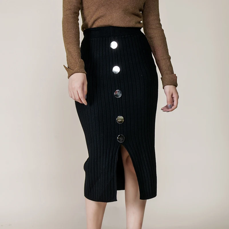 Autumn Winter Knitted Skirt Women Sexy Club Split Skirt High Waist Skirt Wild Long Black Knitted Fashion Casual Skirt Women