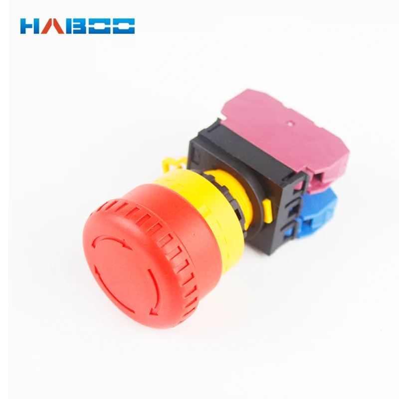 

Haboo HQ22mm e-stop push button switch 10pcs/lot mushroom head 1NO+1NC 600V emergency stop switch