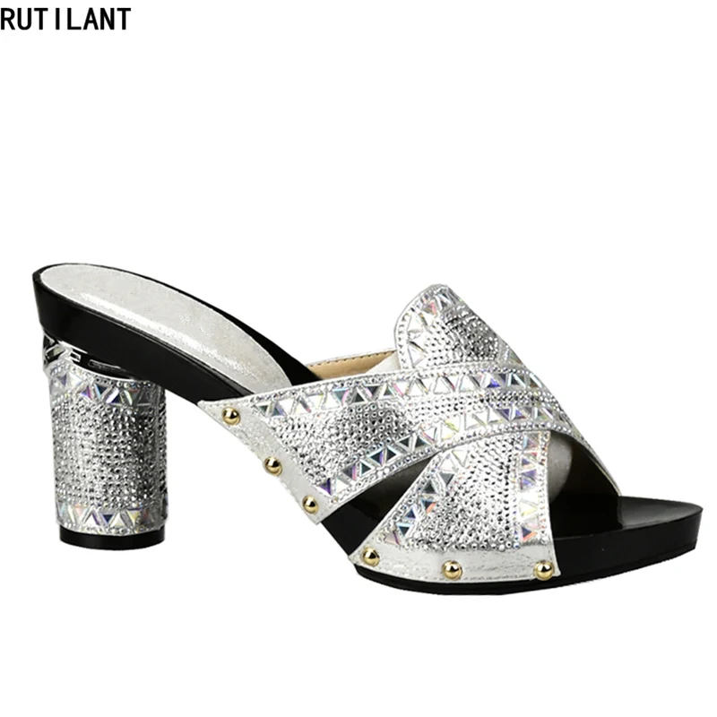 

Sliver Ladies Sexy High Heels Pumps Rhinestones Large Size 37 To 43 High Quality Slip on Women Party Shoes African Wedding Shoes