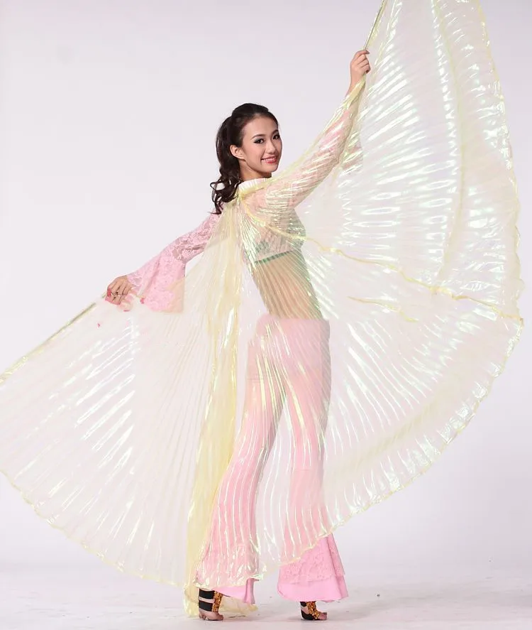 

Transparent Belly Dance White Colorful Yarn Iridescent Isis Wings Flash Cloak Costumes With/Without Stick Big Size