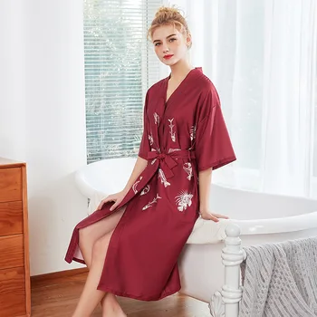 

Burgundy Women's Summer Robe Bathrobe Yukata Lady Rayon Kimono Bath Gown Nightgown Sleepwear Sleepshirts Pijama Mujer M-XL